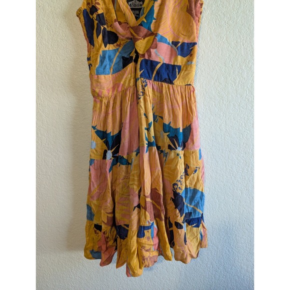 Angie Tropical Floral Twist Front Tiered Mini Dress Yellow Blue Pink Women Large - Picture 10 of 12